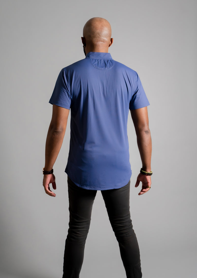 men's polo mock neck in blue color with male model showing the back view