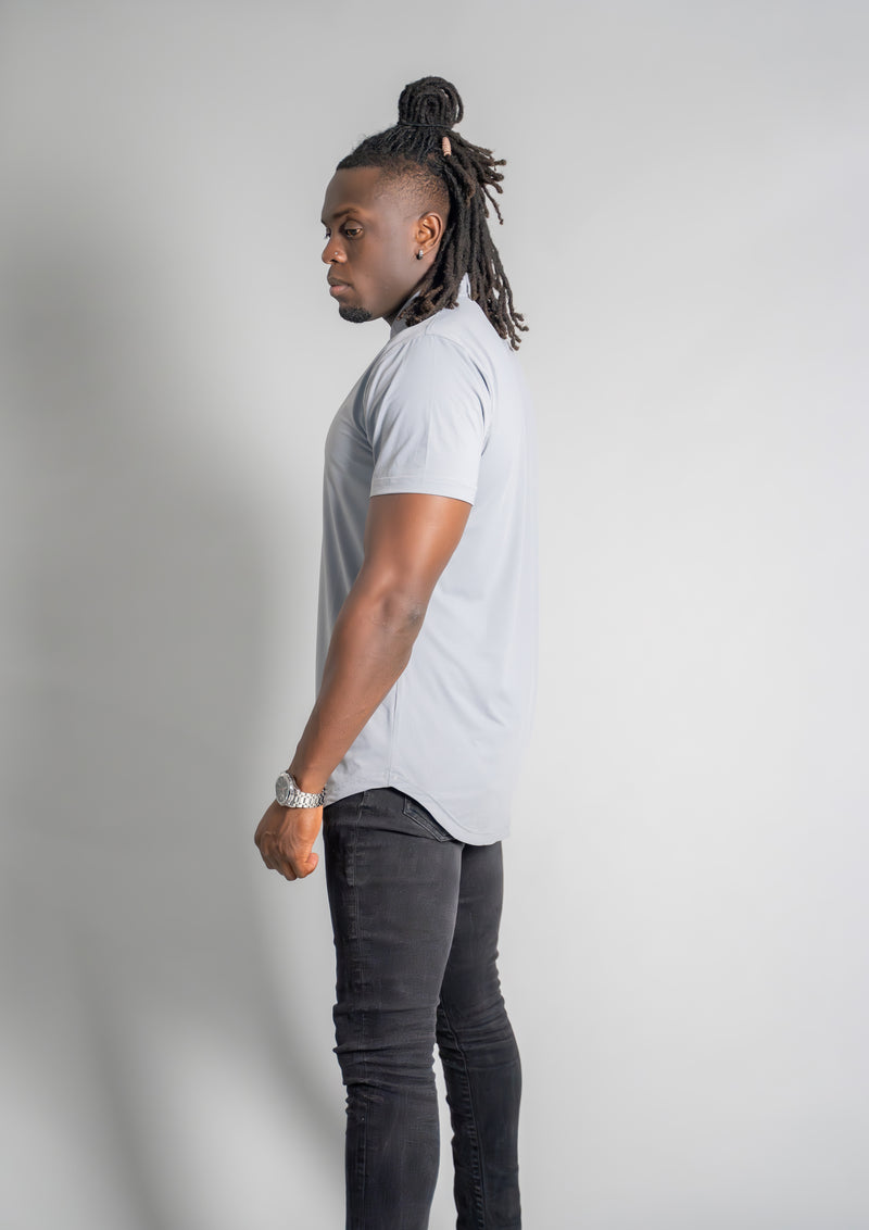 Side view of men's grey mock neck ares polo from tenten clothing