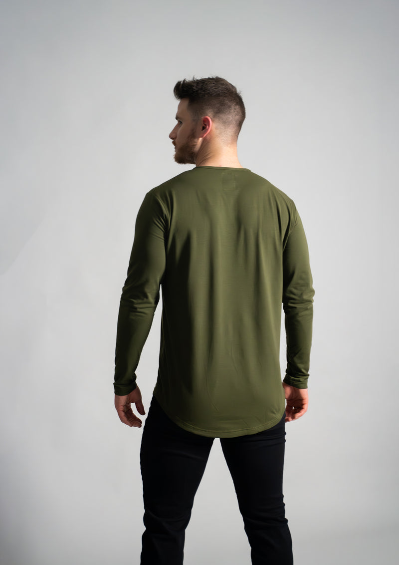 Long sleeve dark green muscle fit henley showing the back on male model from ten10 clothing