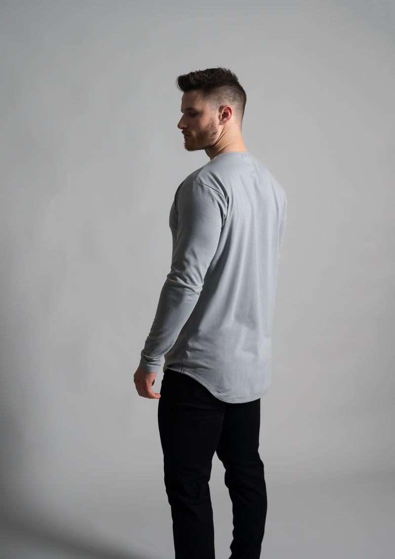View of back of the solid gray long sleeve muscle fit shirt