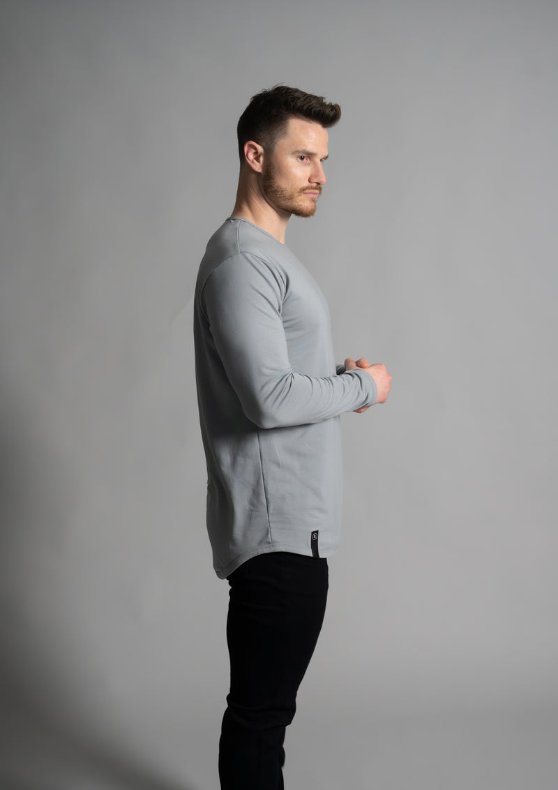 Side view of granite longsleeve rounded bottom shirt from ten10 apparel
