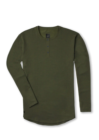 Long sleeve dark green fern Henley with curved hem bottom from Ten10 Apparel