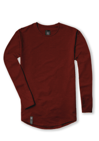 Men's Mahogany Dark Red colored long sleeve extended curved hem shirt from Ten out of Ten apparel.