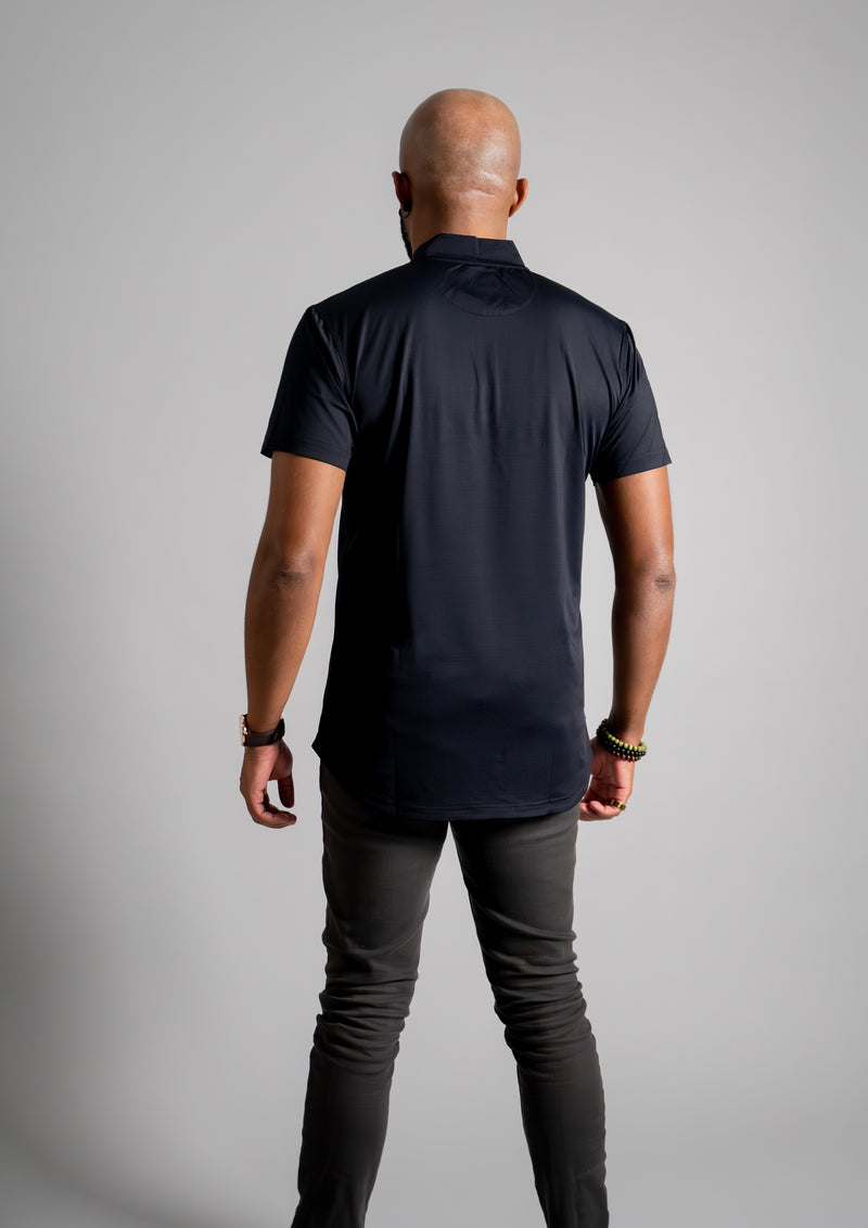 Back view of Ares Polo which features a mock neck from Ten/10 Apparel