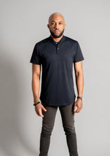 Black ares mock neck polo with male model facing forward