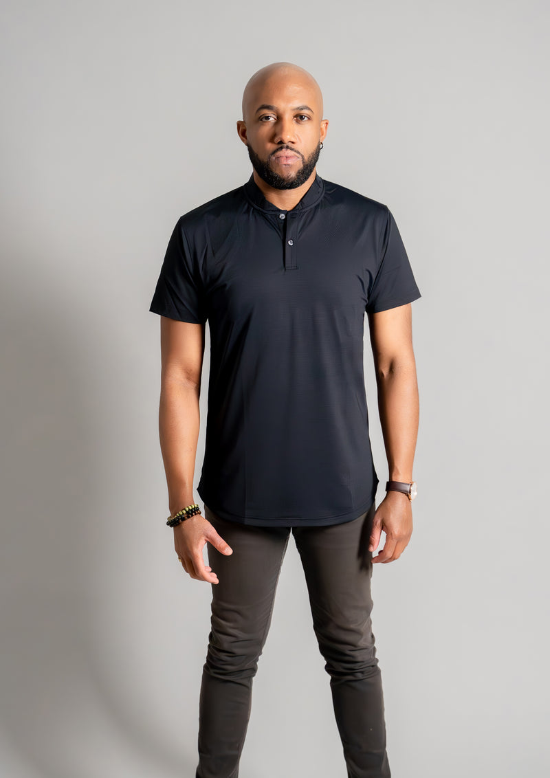 Black ares mock neck polo with male model facing forward