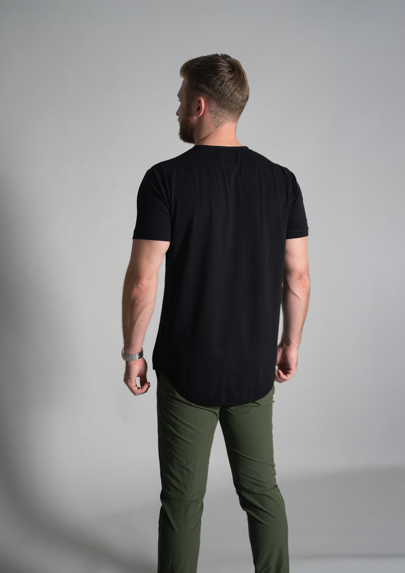 Back view of black curved hem henley t-shirt