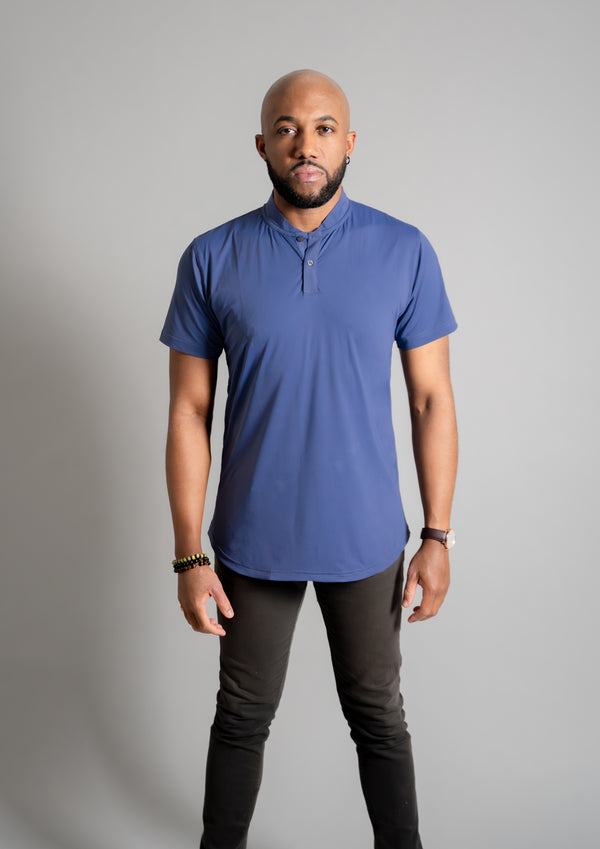 Front view of men's mock neck ares polo in meridian blue