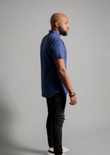 Side view of men's meridian blue mock neck polo from tenten apparel