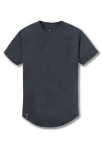 Charcoal curved hem product picture. Mens dark grey t-shirt with rounded bottom.