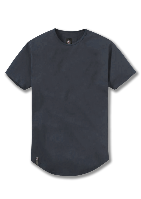 Charcoal curved hem product picture. Mens dark grey t-shirt with rounded bottom.