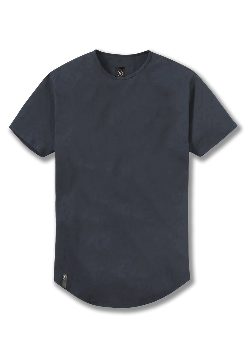 Charcoal curved hem product picture. Mens dark grey t-shirt with rounded bottom.