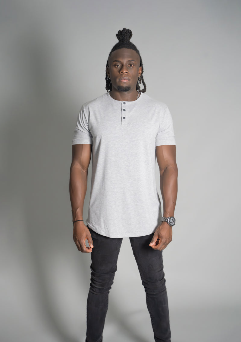Front view of men's curved hem henley from ten10 apparel