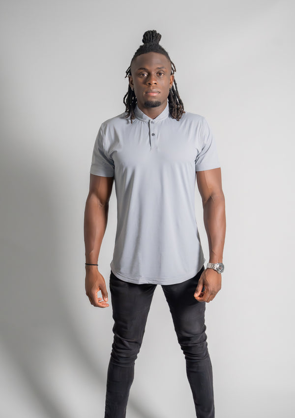Front view of granite mock neck polo from ten10 apparel