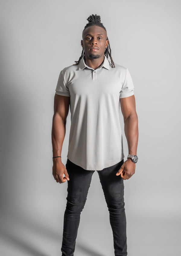 mens gray polo with male model facing directly at camera from ten10 apparel