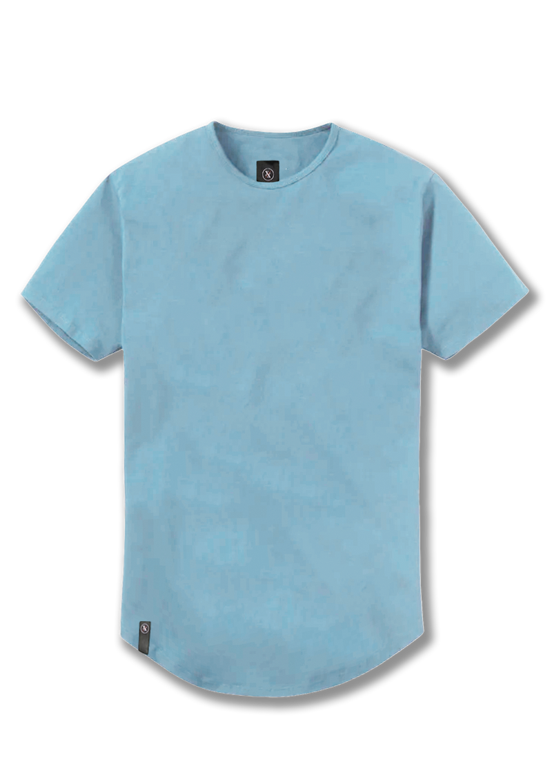 Mist Curved Hem Mens Tee from Ten10 apparel. Light blue crew neck with rounded bottom.