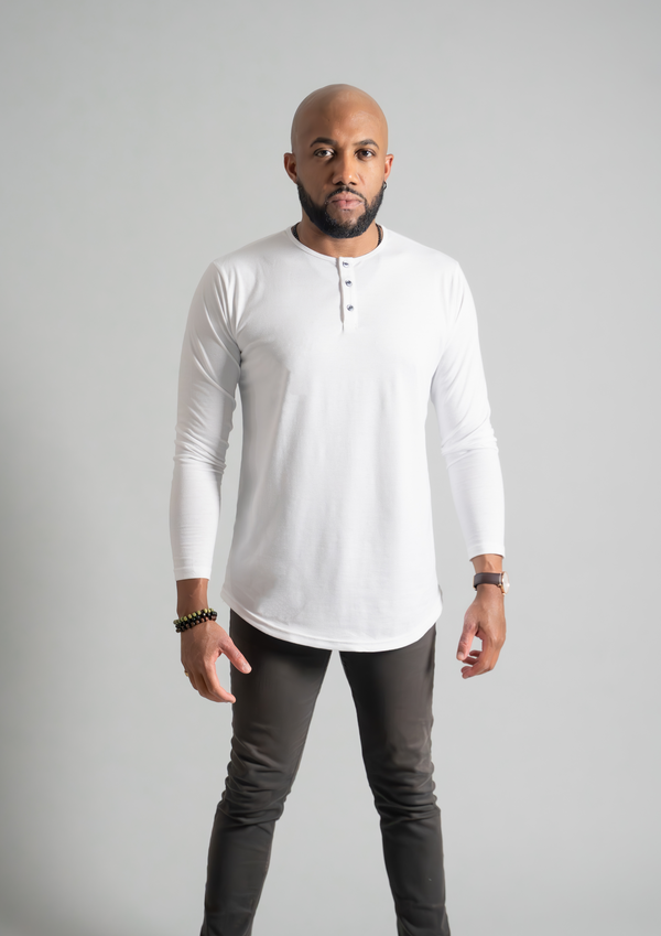 Male model facing forward with a Ten/10 apparel men's long sleeve white color henley