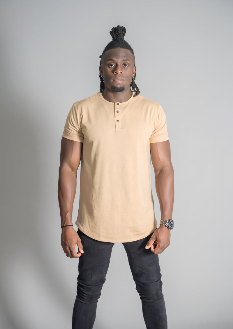 Sandstone henley with male model in it facing directly in the camera