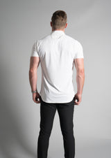 Back view of white mock neck ares polo