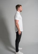 Side view of mens mock neck polo in white color from ten ten apparel