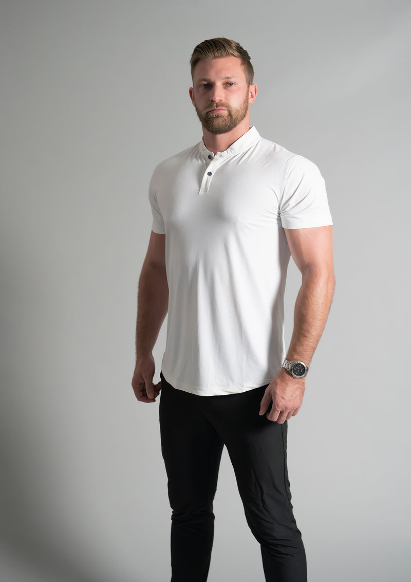 Male model in white mock neck ares polo from ten10 apparel