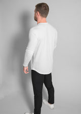 back view of L/S white curved hem shirt by Ten10 apparel.