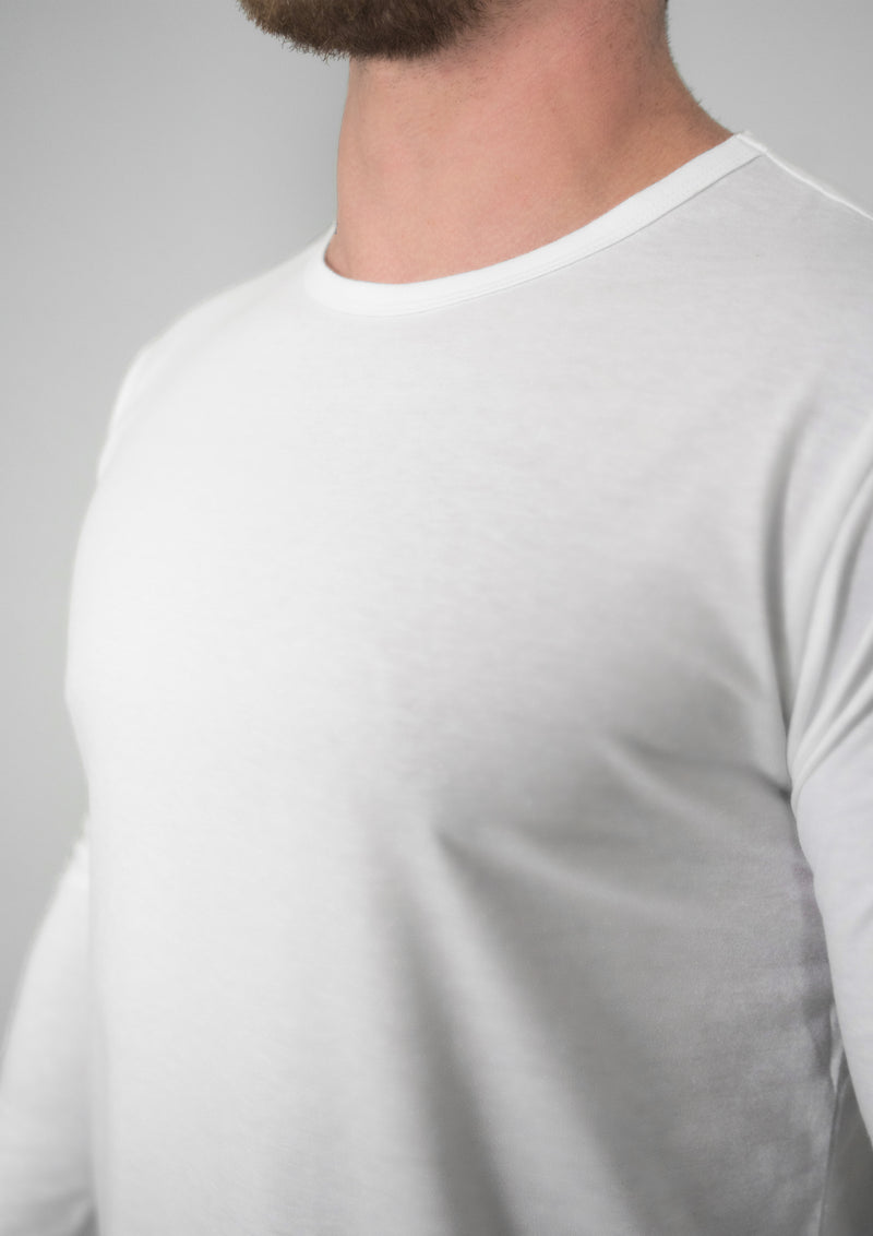 close up view of crew neck shirt for men in a dramatic overcast lighting