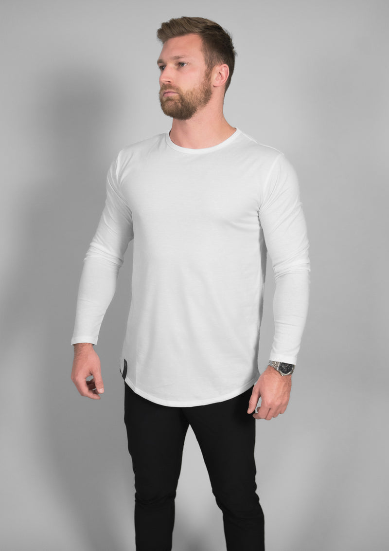 Alternate side front view of model wearing mens crew neck long sleeve pure white shirt