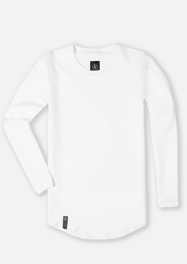 Men's white long sleeve curved hem drop cut premium shirts from Ten out of Ten apparel