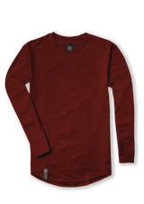 Men's Mahogany Dark Red colored long sleeve extended curved hem shirt from Ten out of Ten apparel.