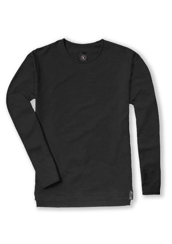 Ten/10 Split hem long sleeve men's black crew neck shirt. Product picture. Solo LS t-shirt.