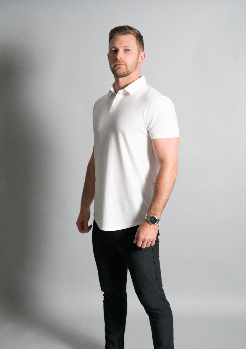White premium curved hem polo for men from ten/10 apparel