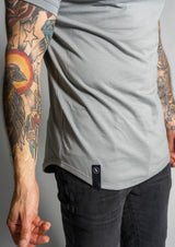 Granite mens short sleeve tee with close up picture of logo from Ten10 clothing. Grey shirt for men