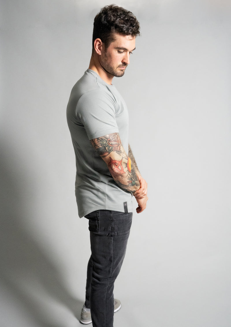 side view of model in mens grew crew neck tee from Ten/10 apparel