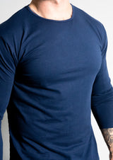 close up view of neck portion of crew neck long sleeve t-shirt from ten10 apparel