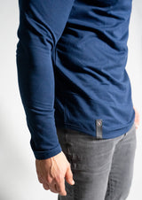 close view of logo of ten10 apparel mens navy blue long sleeve shirt